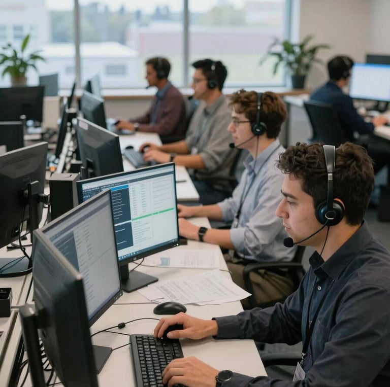 Wide shot of a Canadian call center operations floor, agents at workstations wearing headsets, monitors glowing with call management dashboards, diverse team members mid-conversation under soft office daylight from north-facing windows, emphasis on focus and scale