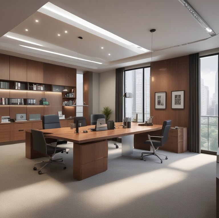 Modern office interior with black and gold accents reflecting professionalism and trust.