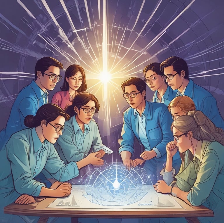 A diverse team passionately collaborating in a futuristic lab filled with advanced scientific instruments.