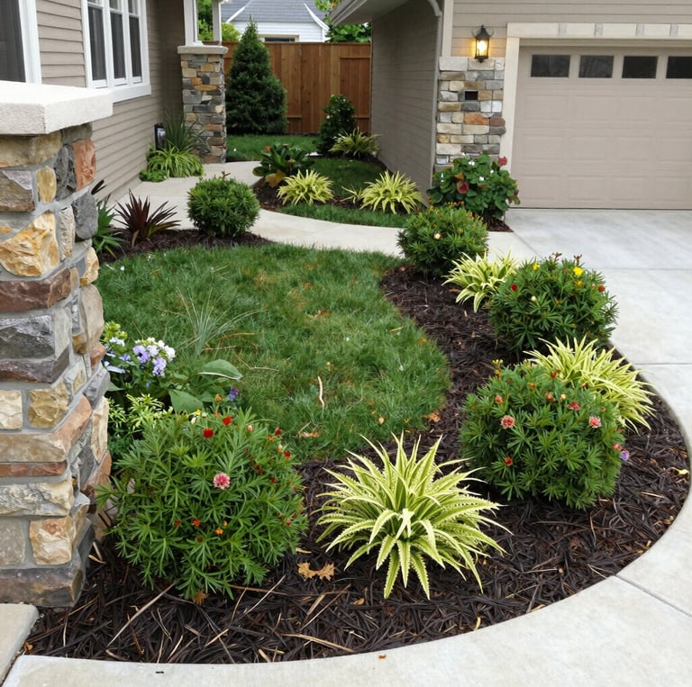 A vibrant garden with lush greenery and colorful flowers in a modern Saudi home setting.