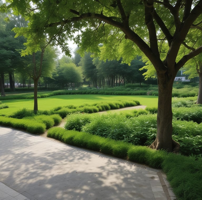 A serene morning scene with a person practicing yoga outdoors surrounded by lush greenery.
