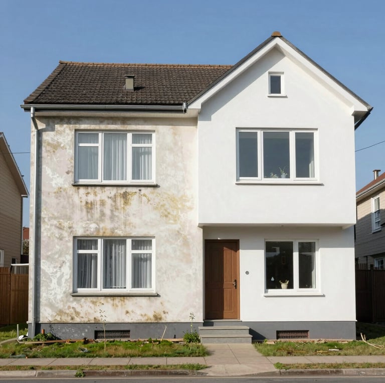 A friendly technician softly washing a home's siding on a sunny day.