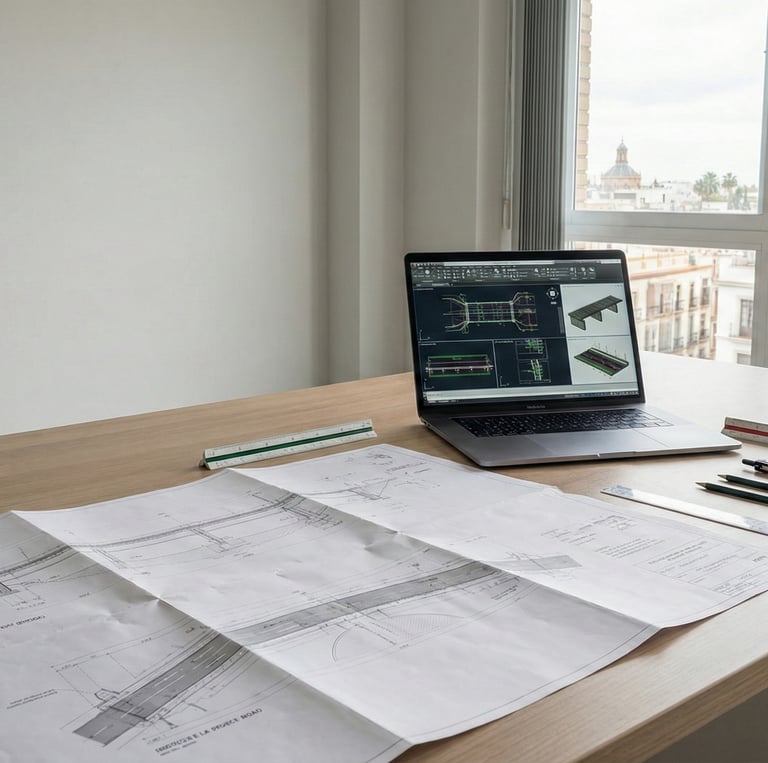 Ingeniero revisando planos técnicos en mesa de trabajo en oficina de ingeniería y obra civil en Sevilla.