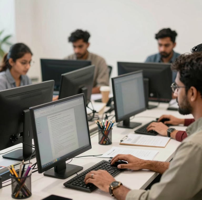 A professional office environment with a diverse team collaborating over a project, symbolizing commitment and teamwork.