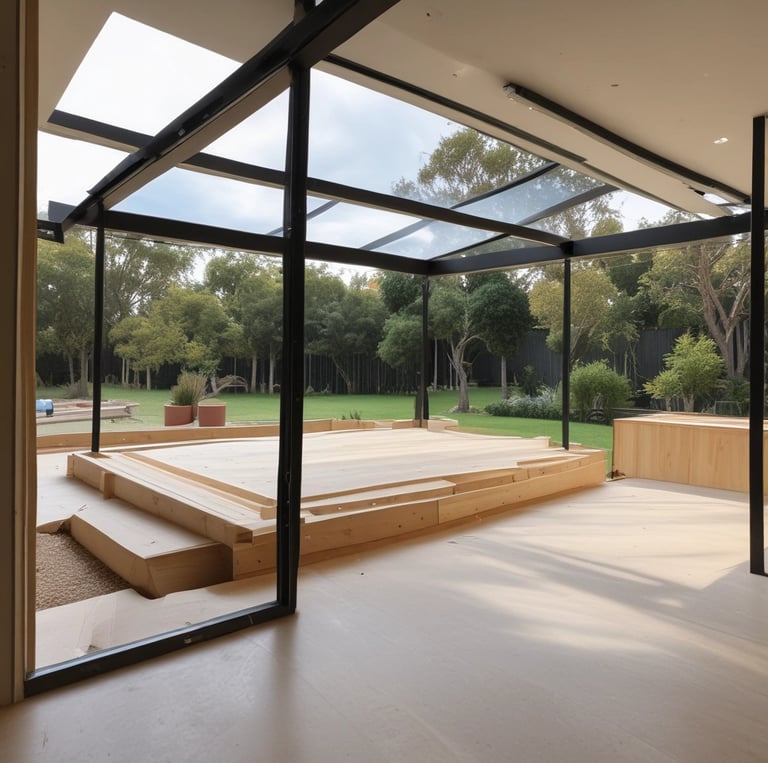 A skilled builder carefully framing a modern double-storey home under a clear blue Sydney sky.