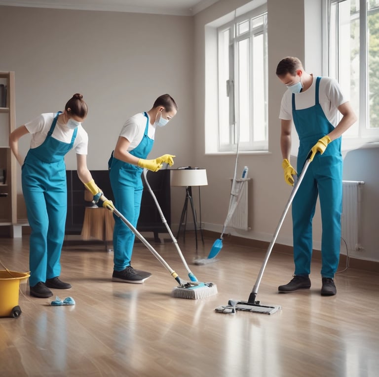 Professional corporate team collaborating in a modern office with green, dark blue, and soft orange accents.