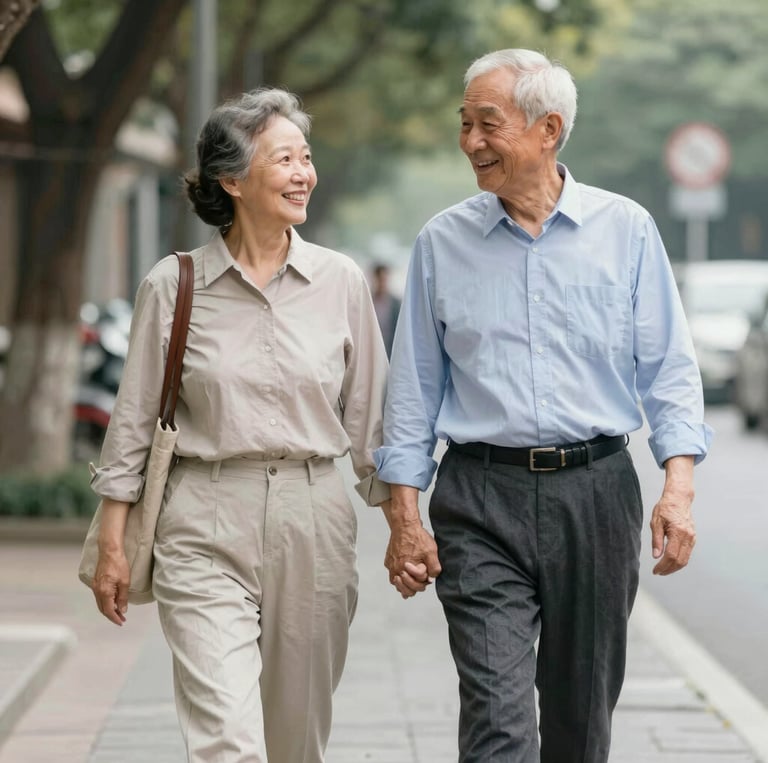 A warm, sunlit living room where a smiling caregiver gently assists an elderly woman with a cozy blanket.