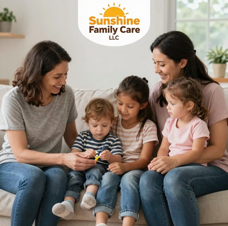 A gentle caregiver sharing a heartfelt smile with an elderly client in a sunlit, cozy living room.