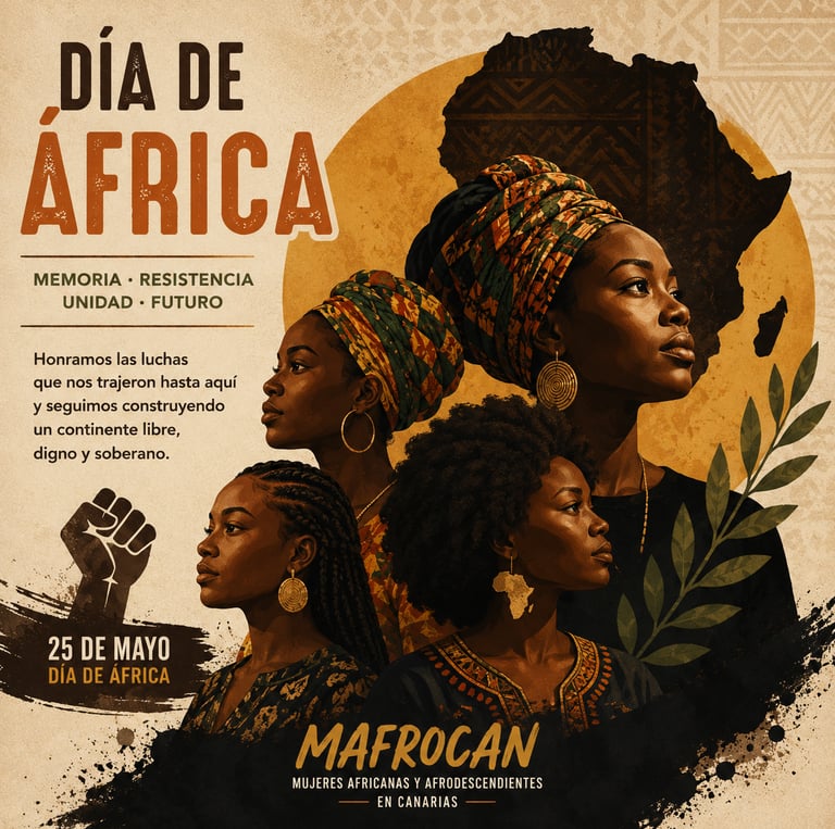 Poster for Africa Day featuring four African women in traditional attire with a map of Africa background.