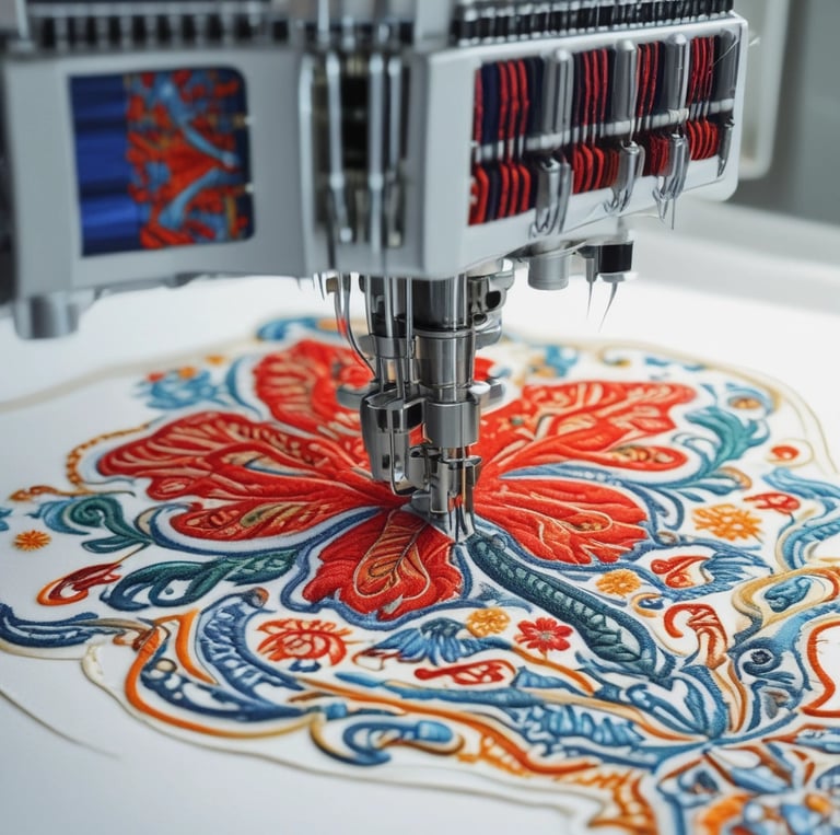 Close-up of a skilled artisan stitching a detailed embroidery design on fabric.