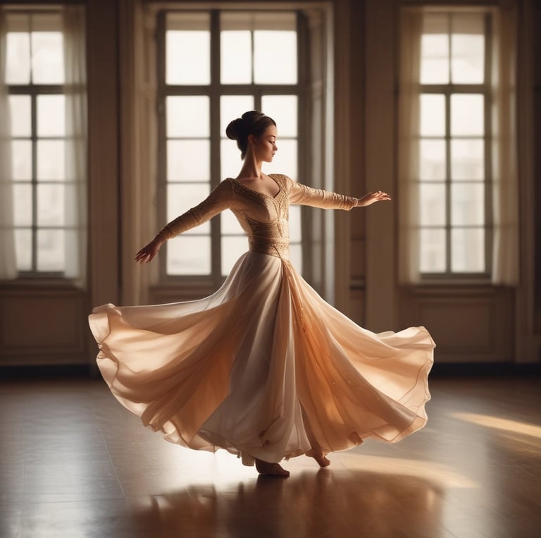 A graceful dancer performing traditional oriental dance in a softly lit Parisian studio.