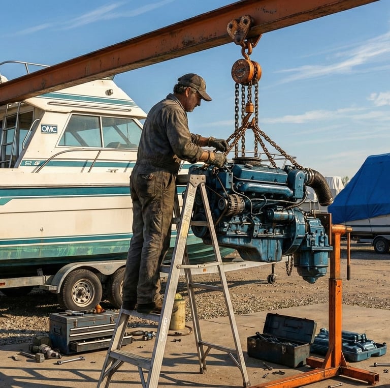 Marine engine repair with the Niagara Falls skyline in the distance.