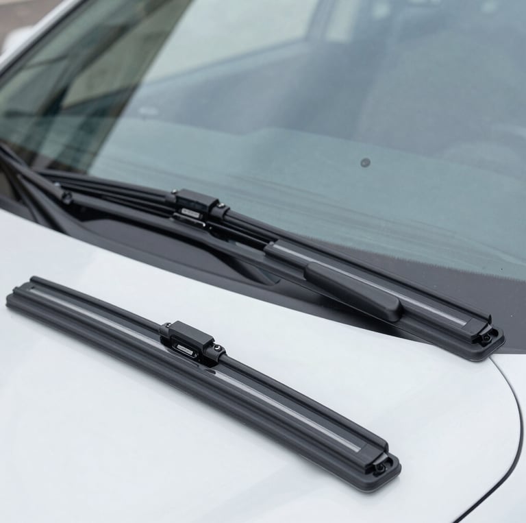 A close-up photo showing a modern car's headlight shining brightly next to a sleek windshield wiper.