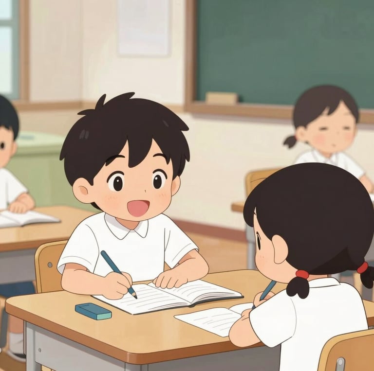 A lively classroom scene with students enthusiastically practicing Japanese characters and phrases.