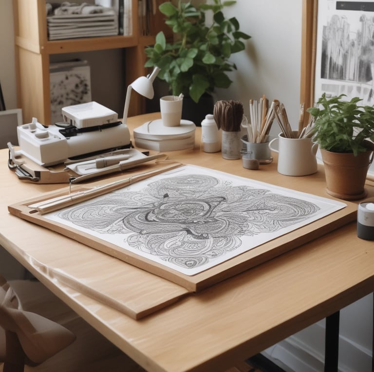 A creative workspace with colorful design sketches and publishing tools scattered on a wooden desk.