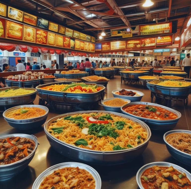 A colorful street food stall adorned with Madhubani art panels, bustling with customers enjoying traditional Indian snacks.
