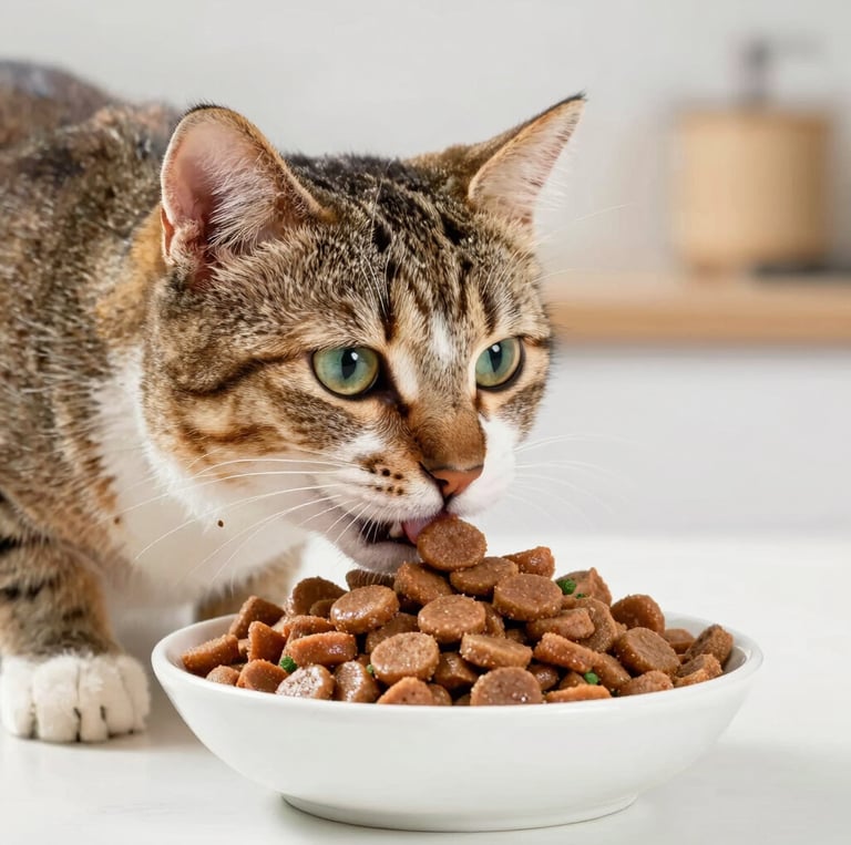 A clean split-screen comparison showing dry cat kibble on the left with negative icons and fresh Michimiau cat food on the right with positive icons.
