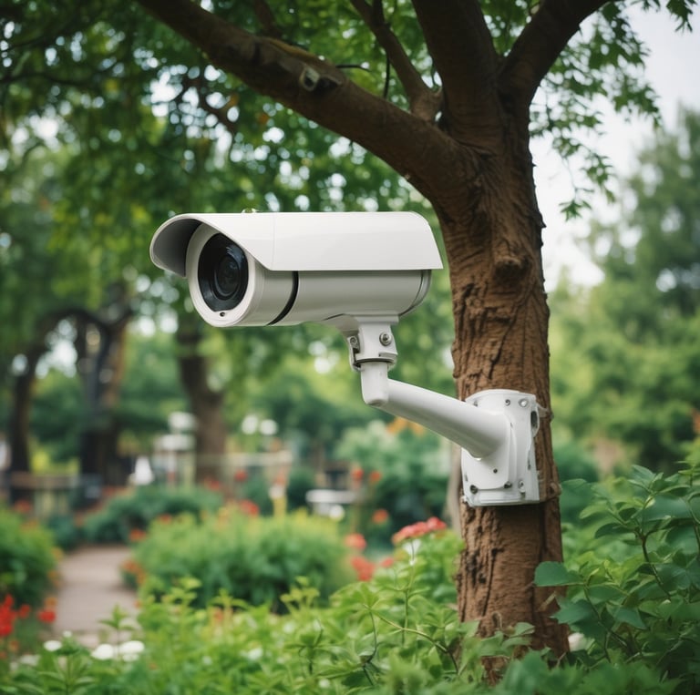 A friendly technician installing a home security system in a cozy living room.