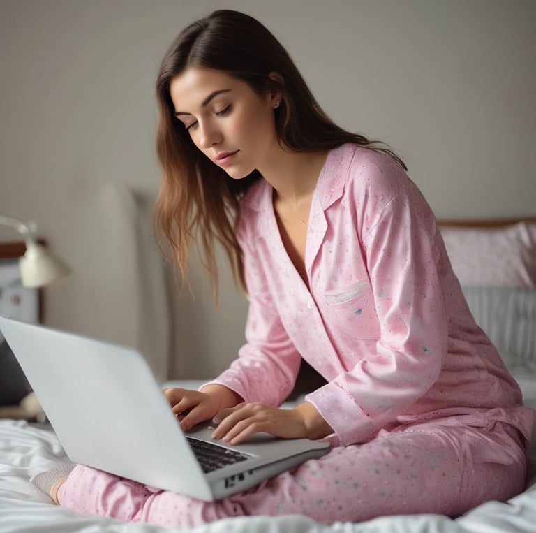 A confident white American entrepreneur working focused at a sleek home office desk with a laptop and analytics charts.