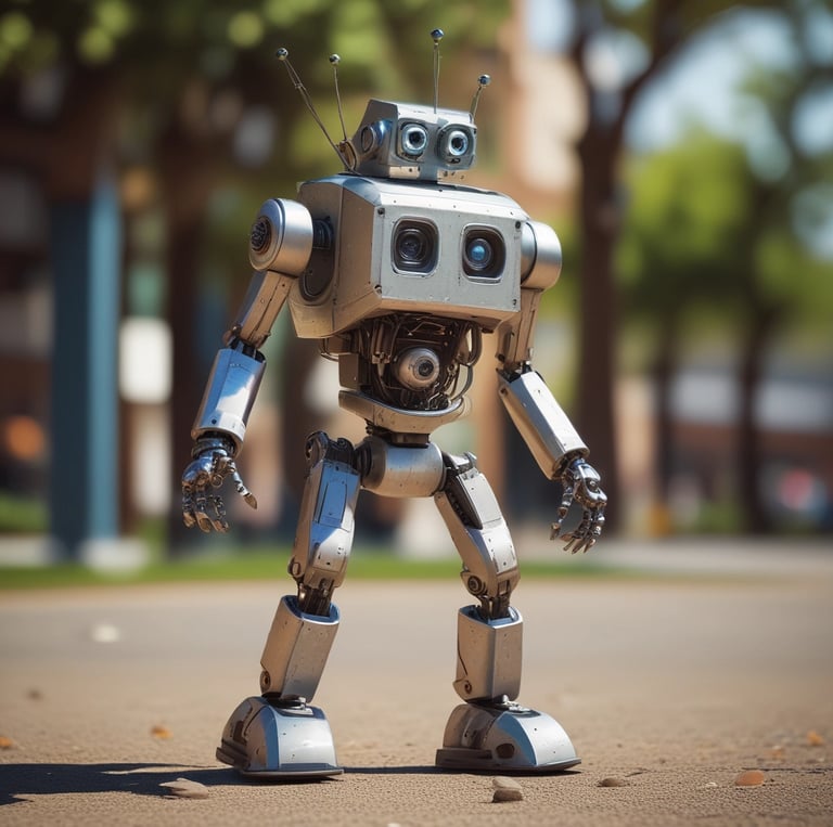 A shiny, futuristic robot mid-twerk with colorful spotlights highlighting its playful moves.