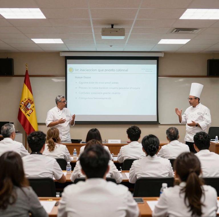 Elegant international scientific meeting showing diverse experts collaborating in gastronomy and nutrition research.