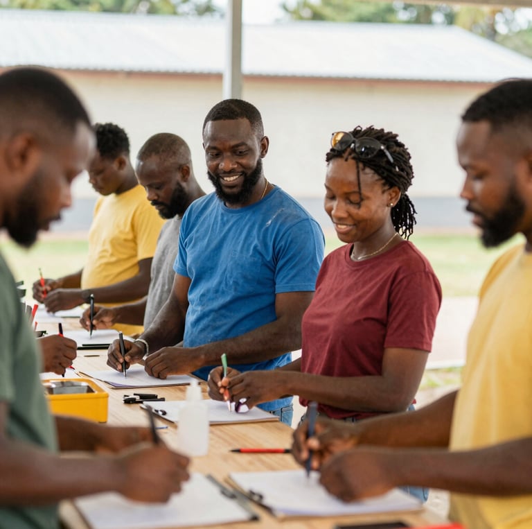 A group of African American individuals engaging in hands-on skilled trades training outdoors, smiles showing hope and determination.