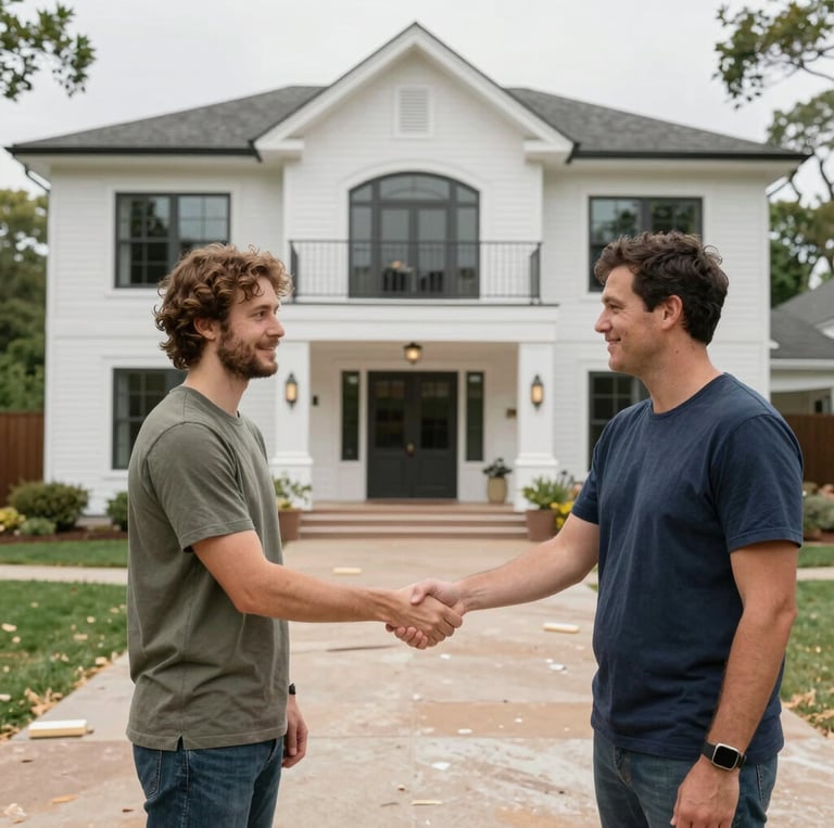 A skilled worker carefully taping drywall in a bright, freshly painted room with navy blue accents.