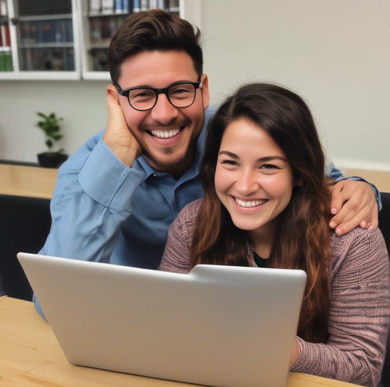A happy customer unboxing a refurbished laptop in a cozy home setting.