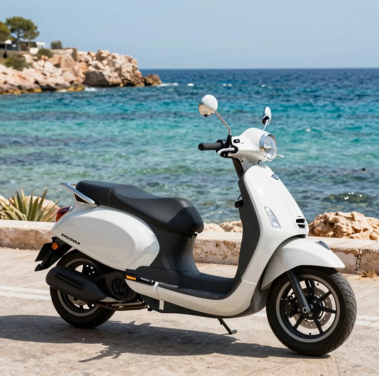 A scenic view of a convertible car parked near a sunny Ibiza beach with clear blue skies.