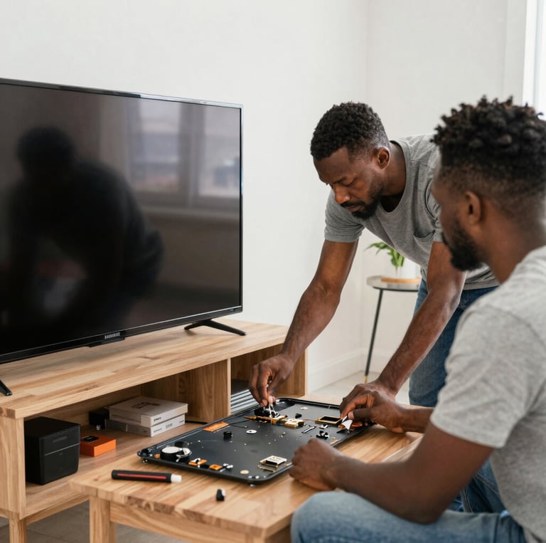 Technician carefully repairing a television screen in a cozy living room setting.