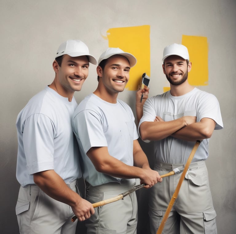 A skilled painter in red and white uniform carefully applying fresh paint to a bright exterior wall.