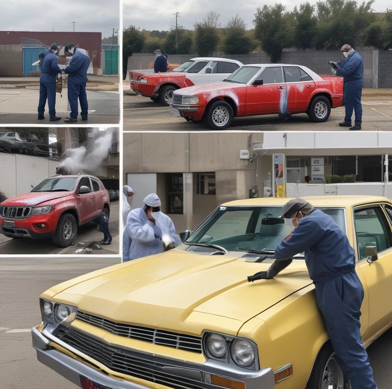 A group of diverse team members collaborating while spray painting a large mural in a bright workshop.