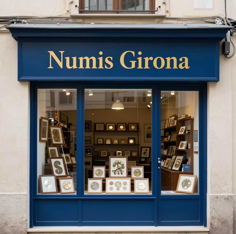 A cozy shop interior with vintage coins and stamps displayed on wooden shelves, warm lighting highlighting the collection.
