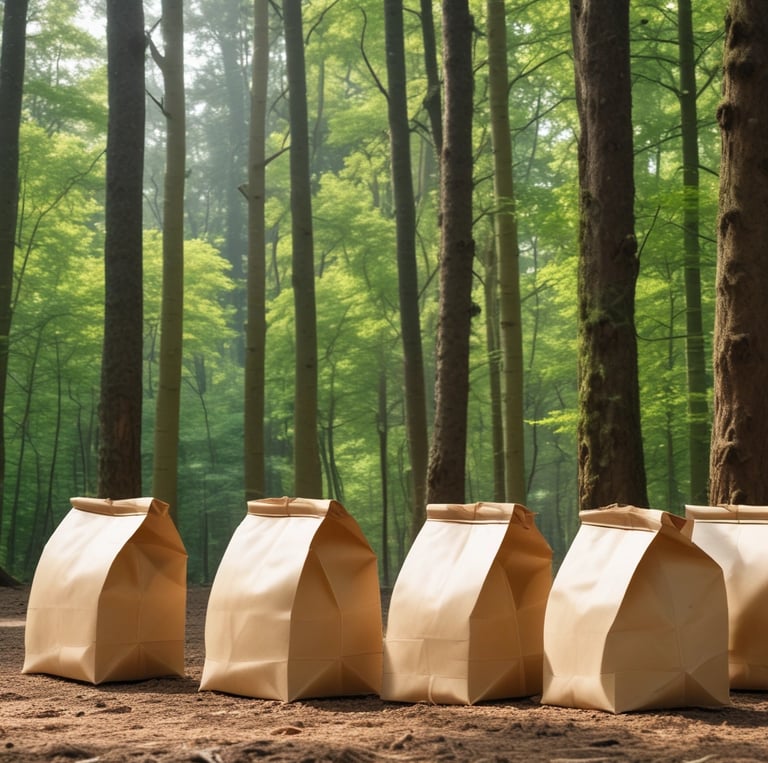 Close-up of colorful plastic films and paper bags neatly arranged on a wooden table.