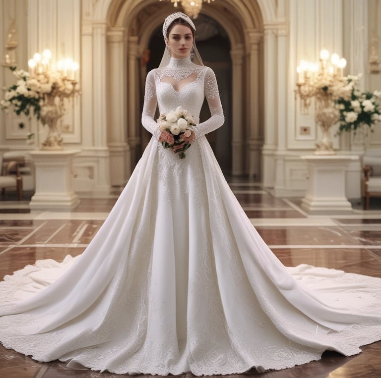 Close-up of delicate lace sleeves on a mannequin in a softly lit boutique