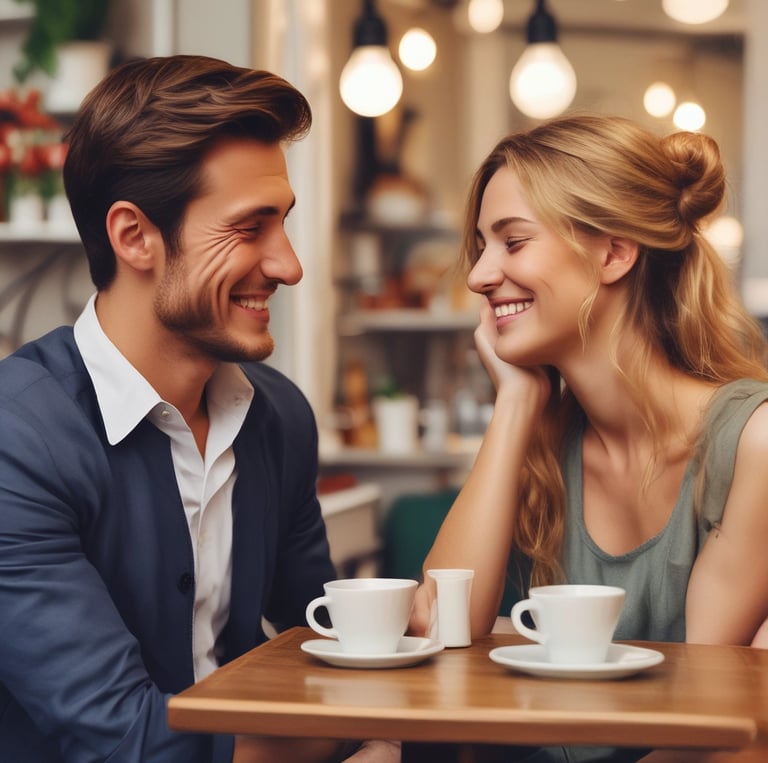 A cozy coffee cup on a table with a blurred background of a small group of men chatting warmly.
