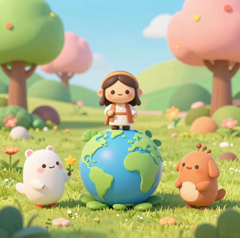 Colorful animated 3D scene of a bright sunrise over a lively garden with friendly animals and a glowing rainbow.