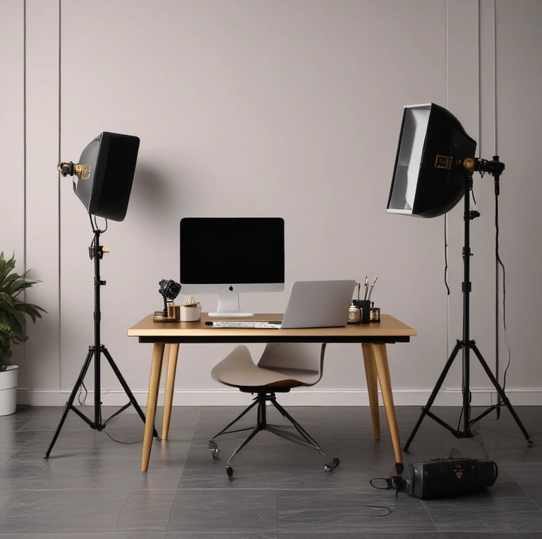 Photo of the founder smiling confidently beside a desk filled with content creation tools.