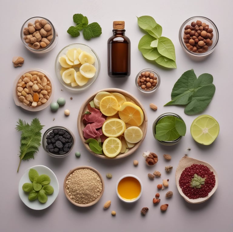 Elegant photo of natural products from both Dutch and Moroccan origins displayed on a wooden table with olive green and gold accents.