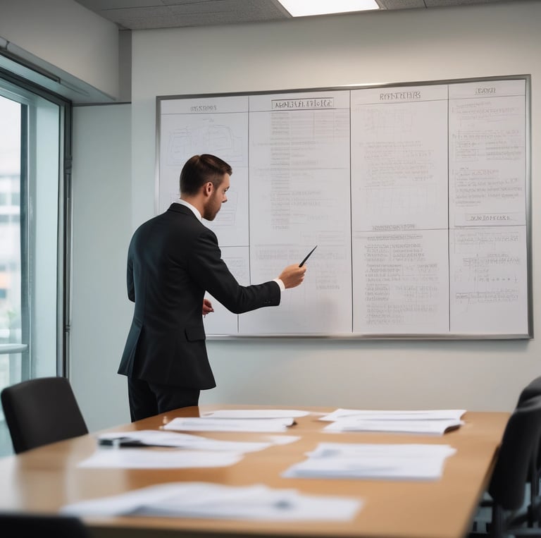 A focused consultant reviewing operational charts with a client in a modern office setting.