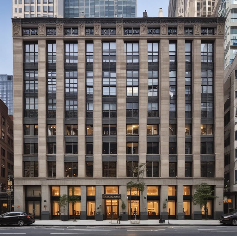 Historic black-and-white photo of Silk & Halpern founders outside 425 Madison Avenue.