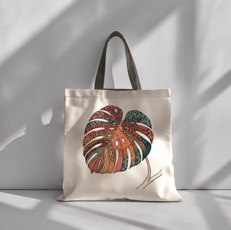 Tote bag con imagen de costilla de Adan con textura de animal print bordada a mano