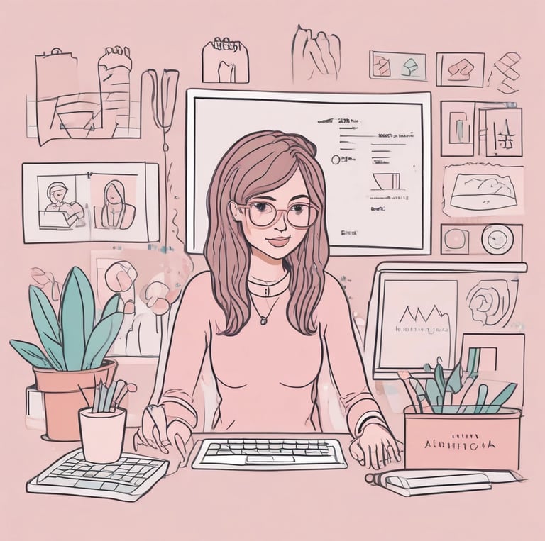 Maria smiling warmly at her cozy home workspace, surrounded by notebooks and a laptop.