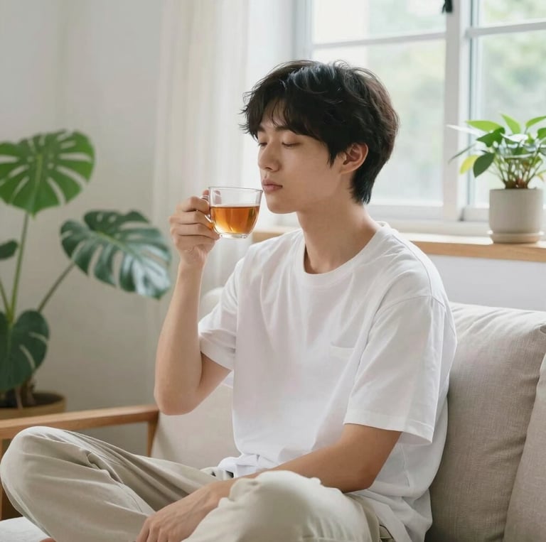 A cozy workspace with a laptop, a cup of tea, and a small plant, evoking calm and focus.