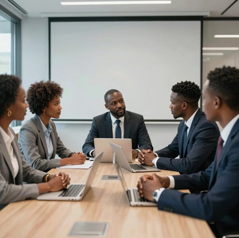 Corporate team in a modern meeting room discussing logistics strategies with a professional atmosphere.