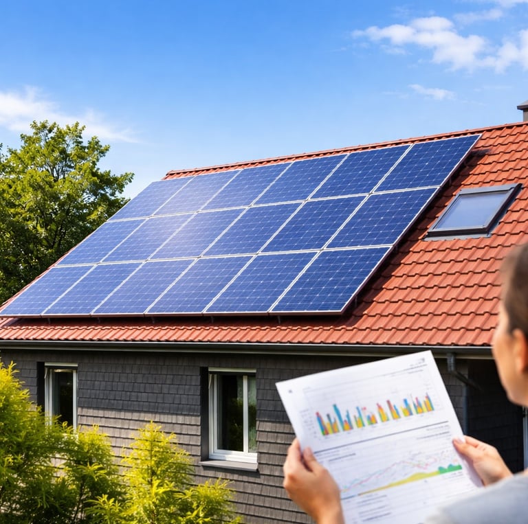 Casa com painéis solares e geração de energia solar fotovoltaica