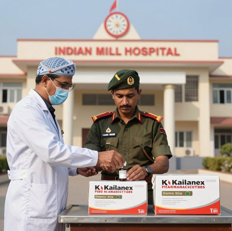 Indian military hospital staff organizing medical supplies with an Indian Air Force jet in the background.