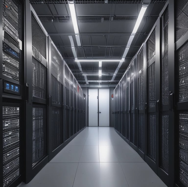 A modern data center with rows of servers glowing softly under cool blue lighting.