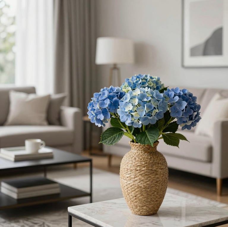 A cozy living room featuring layered materials and organized shelves bathed in natural light.