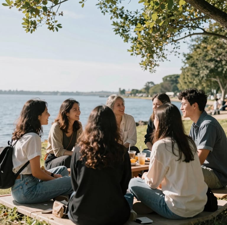 A candid group of friends stretching and laughing together on a sunlit forest trail in the Pacific Northwest.